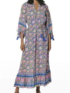 Cleobella Hilo kaftan dress Floral Blue Pink Maxi in Tahiti Block print xs